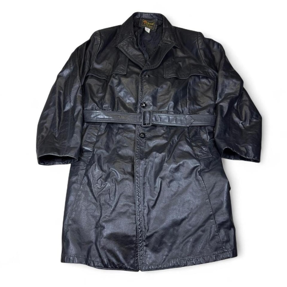 Vintage Deed Sportswear Black Leather Trench‎ Coat Mens L Belted USA
